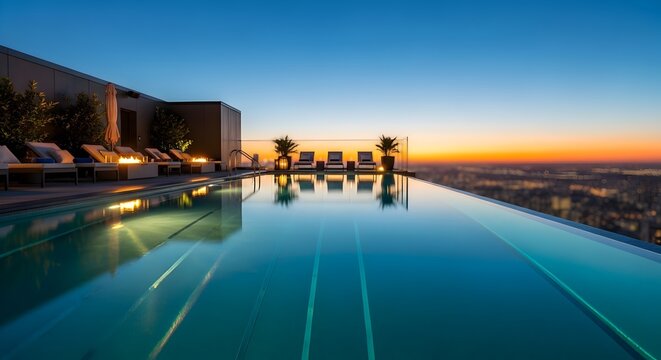 Luxury Infinity Pool on Rooftop Overlooking City Skyline at Sunset with Sunbeds