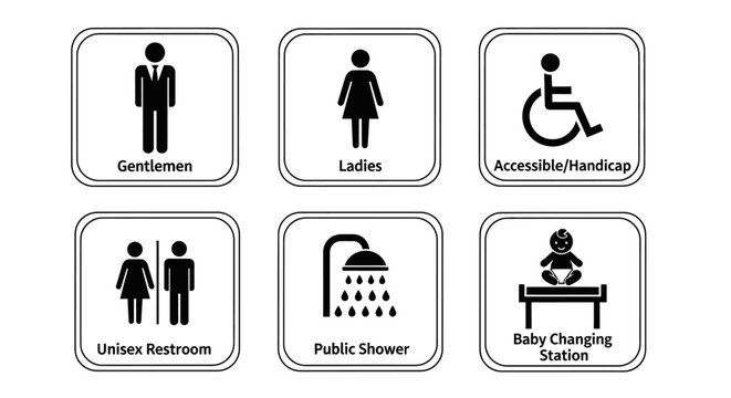 Toilet icons set, common male female restroom, handicap wheelchair access, WC direction, baby changing table room, toilet signs, WC signs collection
