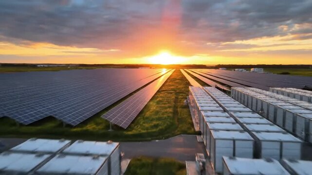 Aerial View of Solar Farm at Sunset Showcasing Solar Panels, Energy Storage Units, and Vibrant Landscape for Sustainable Renewable Energy Solutions