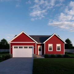 Obraz premium A classic singlestory red home with a white garage door and clean architectural lines under a blue sky