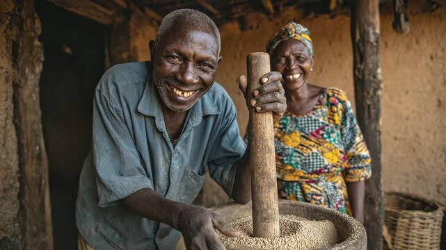 African senior couple grinding grain. Traditional rural life, elderly farmers at home. Authentic scene, hard work, subsistence farming. Golden hour lighting.