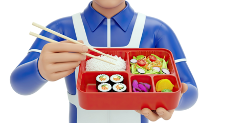 Person in Blue Uniform Holds Red Bento Box Lunch with Sushi and Salad