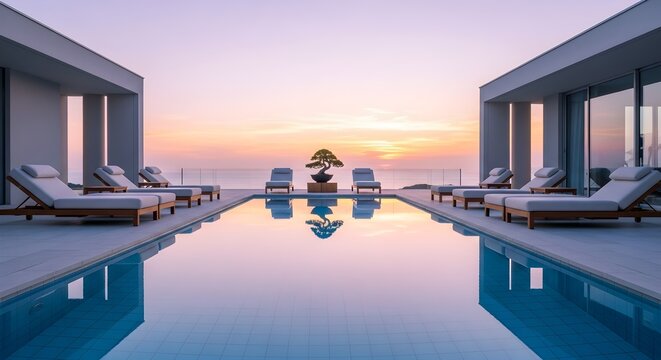 Luxury Outdoor Swimming Pool with Sunbeds and Bonsai Tree at Sunset