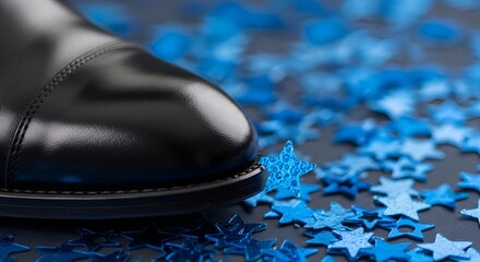 A close-up captures the textured surface of a shiny black shoe stepping on a scattered field of