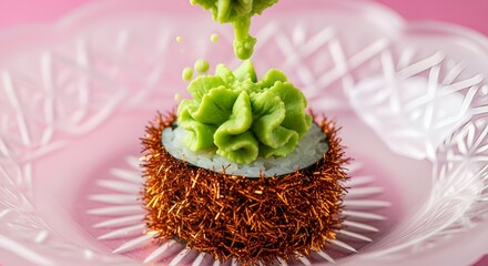 A single, vibrant sushi roll artfully garnished with a dollop of bright green wasabi and a