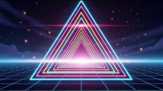 A neon triangle with layered glowing lines stands on a grid floor under a starry night sky