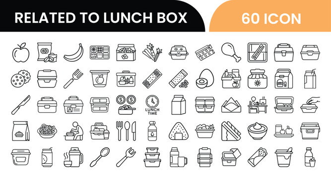 Collection of sixty line icons related to lunch box theme