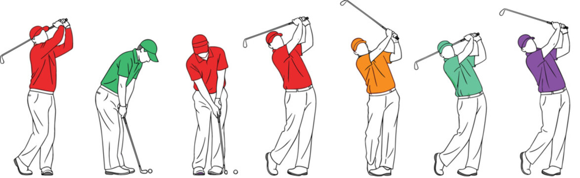 Professional golf swing sequence illustration set showing full motion from backswing to follow-through for coaching and sports branding vector