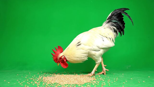 White rooster walking towards food on green background
