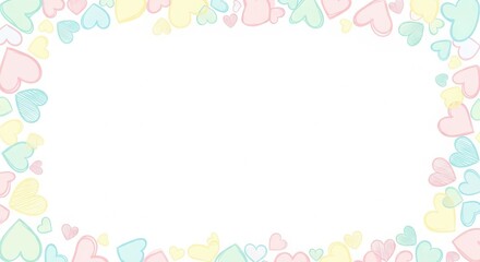 A colorful border of pastel hearts surrounds a blank white space for creative design or message