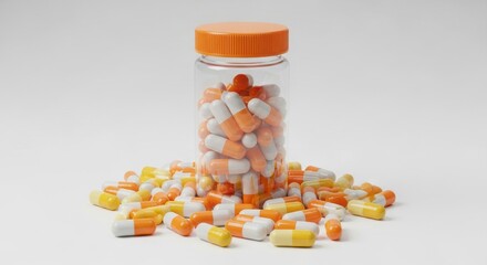 Orange and Yellow Capsules Spilling from a Full Medicine Bottle on White Background - Pharmaceutical Health and Wellness Concept.