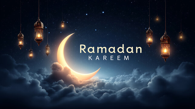 A serene night sky with a crescent moon and lanterns for Ramadan Kareem celebration