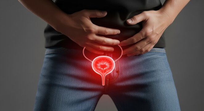 Man experiencing severe urinary pain and bladder inflammation, highlighting urological problems like UTI, cystitis, or prostate issues for medical campaigns.