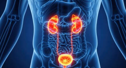 3D visualization of the urinary system displaying kidneys and bladder inflammation, representing renal disease diagnosis and urology care.