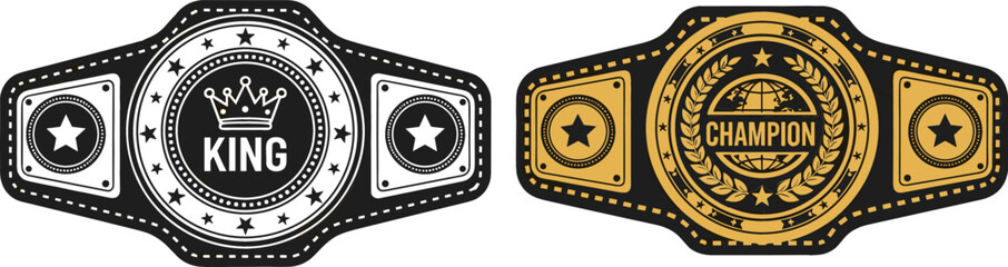 Gold and black championship belt set with king crown and globe champion emblems for sports trophy victory award vector