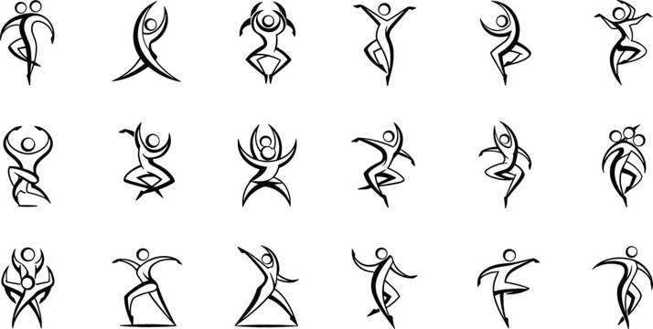 Abstract dance and movement icon set with stylized human figure silhouettes for fitness yoga and performing arts branding vector