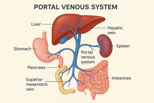 Portal venous system liver stomach pancreas spleen intestine vein anatomy medical diagram education
