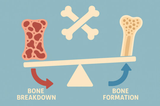 Medical science illustration showing bone breakdown and formation balance with seesaw diagram depicting bone remodeling process educational healthcare concept anatomy