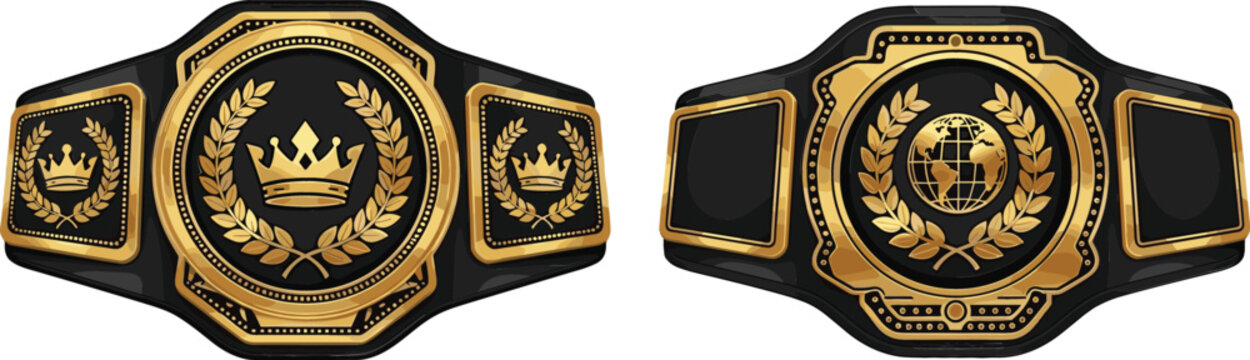 Gold championship belt illustration set with crown and globe emblems for sports trophy victory award and combat sports tournament vector