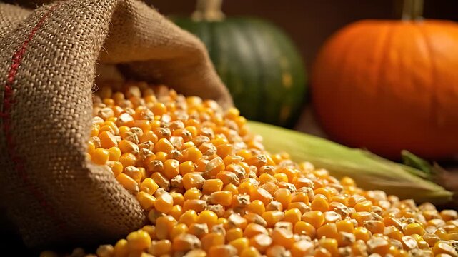 Abundant yellow corn kernels pouring from a coarse burlap sack signals a rich autumnal harvest, ready for seasonal cooking or feed storage needs.