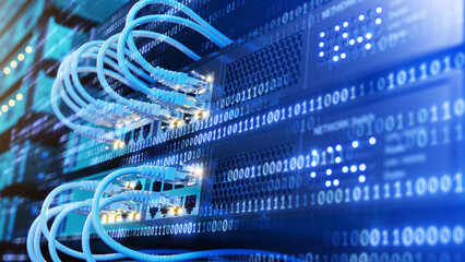 Obraz na płótnie Canvas Digital code, Network switch and network cables in modern server room data center