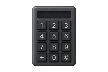 Black 12-button numeric keypad with small display and raised plastic buttons in telephone layout on a transparent background
