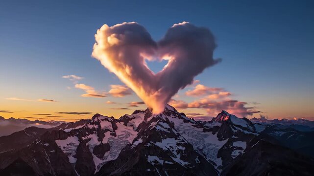 Snow capped mountains with heart shaped cloud at sunset 4K Video
