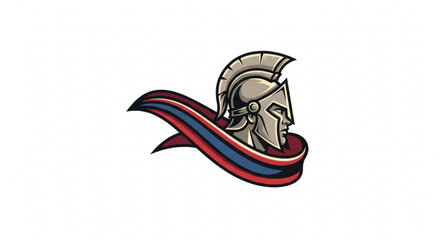Illustration of a silver ancient greek warrior helmet with flowing red white and blue ribbon on a white background
