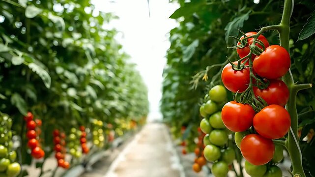Ripe red and developing green tomatoes growing vibrantly on the vine within a long, organized greenhouse farming row structure.