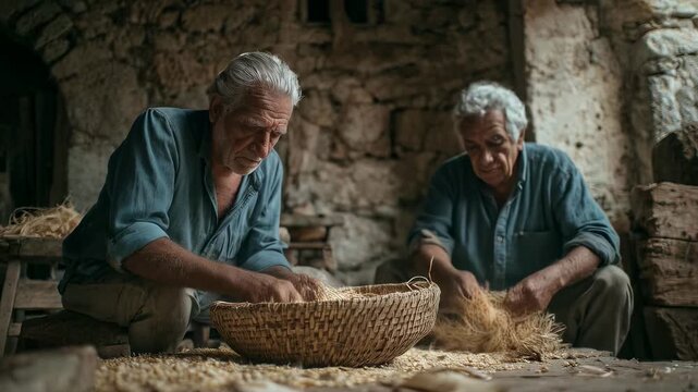 Two senior farmers carefully sorting grains in a rustic setting. Traditional rural lifestyle, agricultural work, experienced hands. Working together, old friends. Warm, earthy tones.