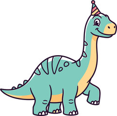 Naklejka premium A cute cartoon dinosaur wearing a party hat, perfect for children's invitations and birthday decorations