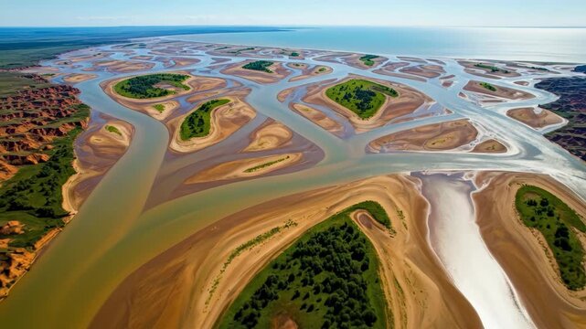 Aerial view of a winding river delta with multiple distributaries flowing to the sea across sandy banks and green vegetated islands