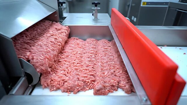 Industrial meat grinder machinery processing large volumes of finely ground raw beef mixture onto a stainless steel conveyor belt system for packaging efficiency.