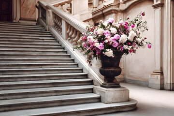 a vase of flowers sitting on a set of stairs