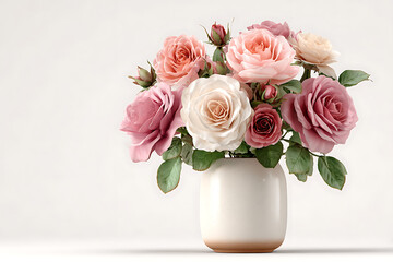 Obraz premium Beautiful bouquet of pink and white roses in elegant white vase