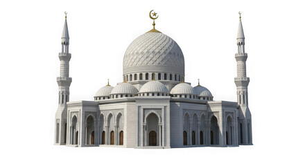 Fototapeta premium Stunning white mosque with intricate islamic architecture, golden crescents, and elegant minarets, isolated on transparent background.