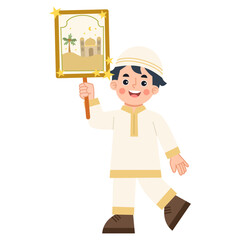 Illustration of Boy Holding Ramadan poster. Illustration of Ramadan parade