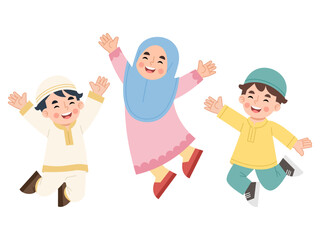 Cartoon Illustration of Muslim Children Jumping with Joy