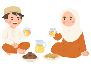 Illustration of Muslim Children Breaking Fast