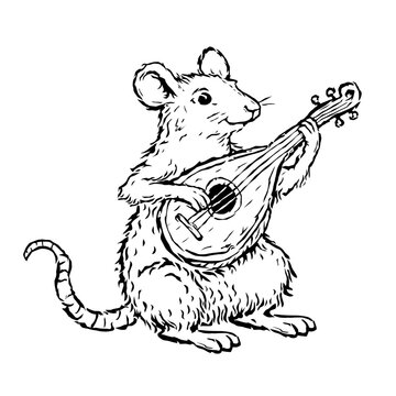 Medieval Marginalia Style Mouse Playing Lute in Absurd Naive Manuscript Illustration