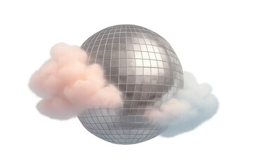 Silver mirrored disco ball partially surrounded by soft pastel pink and blue clouds on a transparent background, creating a dreamy, surreal floating decorative composition