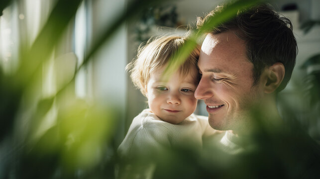 A warm and trustworthy insurance advertisement style portrait of a smiling father gently holding his young toddler son, captured with soft natural light and a peaceful domestic atmosphere.