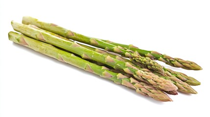 Fresh green asparagus spears with purple-tinged tips arranged in a neat small bundle