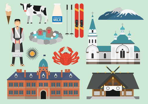 Hokkaido Japan Landmarks, Culture and Traditional Icons Flat Illustration