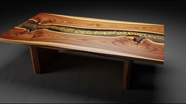 A wooden table with an inlaid metal strip viewed from above on a dark background