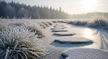 Frosty pathway through snowy landscape with frozen grasses