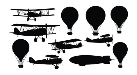 Vintage aircraft and balloons a collection of silhouettes in black and white © nurjahan