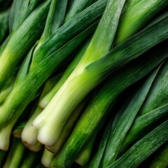 Obraz premium Fresh Green Leeks Close-Up: Vibrant, Crisp Vegetable for Cooking