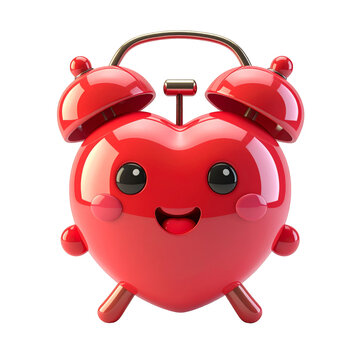 Glossy Red Heart Shaped Alarm Clock with Cheerful Expression Isolated
