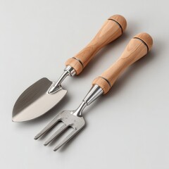 Fototapeta premium Elegant gardening tools with polished metal blades and natural wooden handles, presented on a neutral background for a clean and minimalist look.
